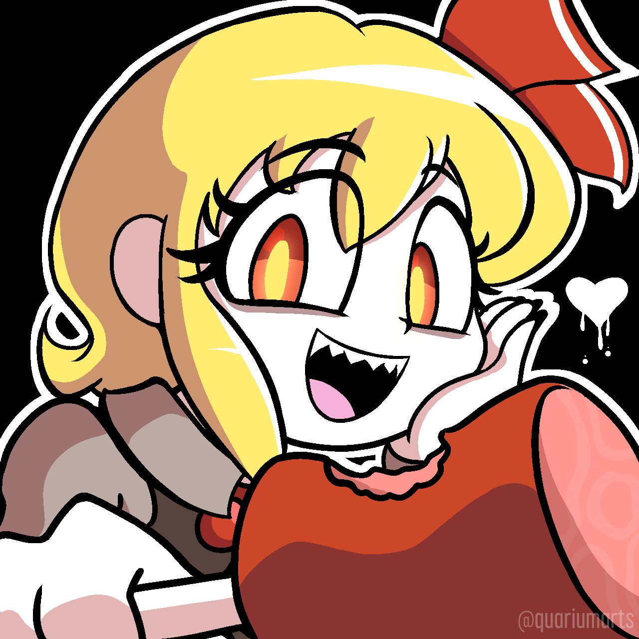 1girl black_background black_vest blonde_hair bow collared_shirt food hand_on_own_cheek hand_on_own_face heart holding holding_food meat open_mouth orange_eyes outline quarium red_bow rumia sharp_teeth shirt short_hair simple_background solo teeth touhou twitter_username vest watermark white_outline white_shirt