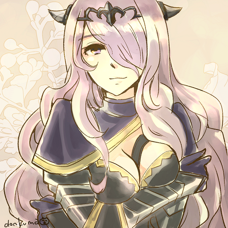 1girl breasts camilla_(fire_emblem) capelet cleavage closed_mouth crossed_arms donkuma_kakusei facing_viewer fire_emblem fire_emblem_fates hair_over_one_eye looking_at_viewer medium_breasts nintendo purple_eyes turtleneck upper_body