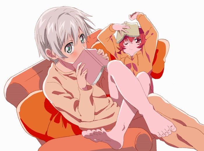1boy 1girl barefoot book closed_mouth couch feet fumiko_(mesushi) iria_animi one_eye_closed red_eyes red_hair ruca_milda short_hair simple_background sitting tales_of_(series) tales_of_innocence white_background white_hair