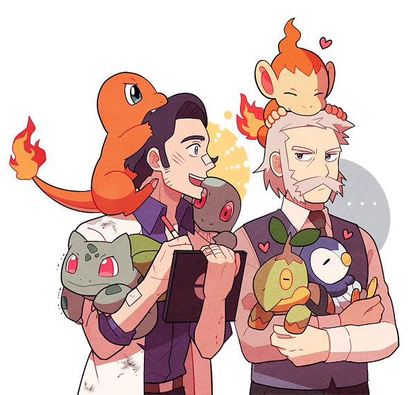 2boys :d professor_sycamore bandaid bandaid_on_arm bandaid_on_face bandaid_on_hand bandaid_on_nose belt belt_buckle black_hair black_pants blouse brown_belt buckle bulbasaur charmander chimchar collared_shirt facial_hair fire flame-tipped_tail gen_1_pokemon gen_4_pokemon grey_eyes grey_hair heart holding jaho lab_coat male_focus multiple_boys mustache necktie nintendo on_head open_mouth pants piplup pokemon pokemon_(creature) pokemon_dppt pokemon_on_head pokemon_xy purple_shirt professor_rowan shirt short_hair smile squirtle starter_pokemon_trio tail teeth turtwig upper_teeth_only vest white_shirt