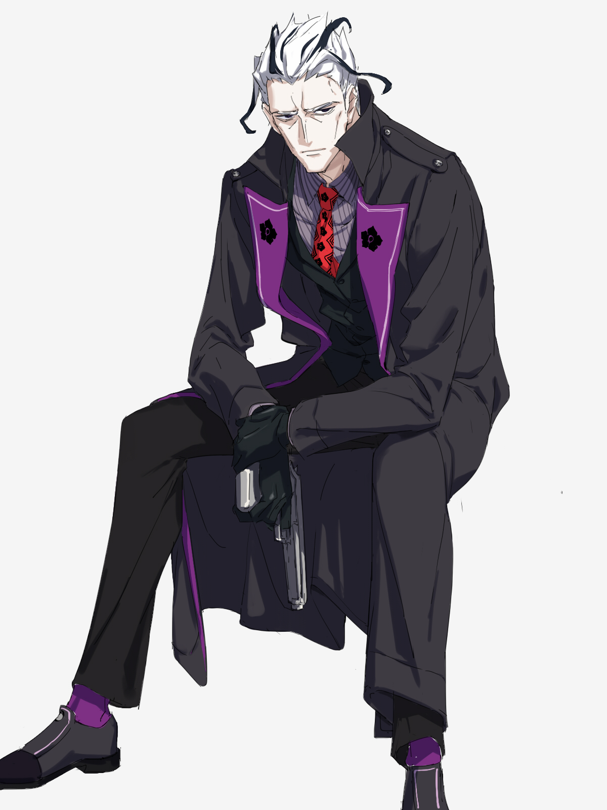 1boy akechi_mitsuhide_(fate) arms_on_knees black_gloves black_hair black_jacket black_pants black_vest closed_mouth collared_jacket collared_shirt crest family_crest fate/grand_order fate_(series) formal_clothes gloves gun handgun highres holding holding_gun holding_weapon jacket moyashi_mou2 multicolored_hair necktie open_clothes open_jacket pants popped_collar purple_socks shirt simple_background sitting socks solo suit two-tone_hair vest weapon white_hair