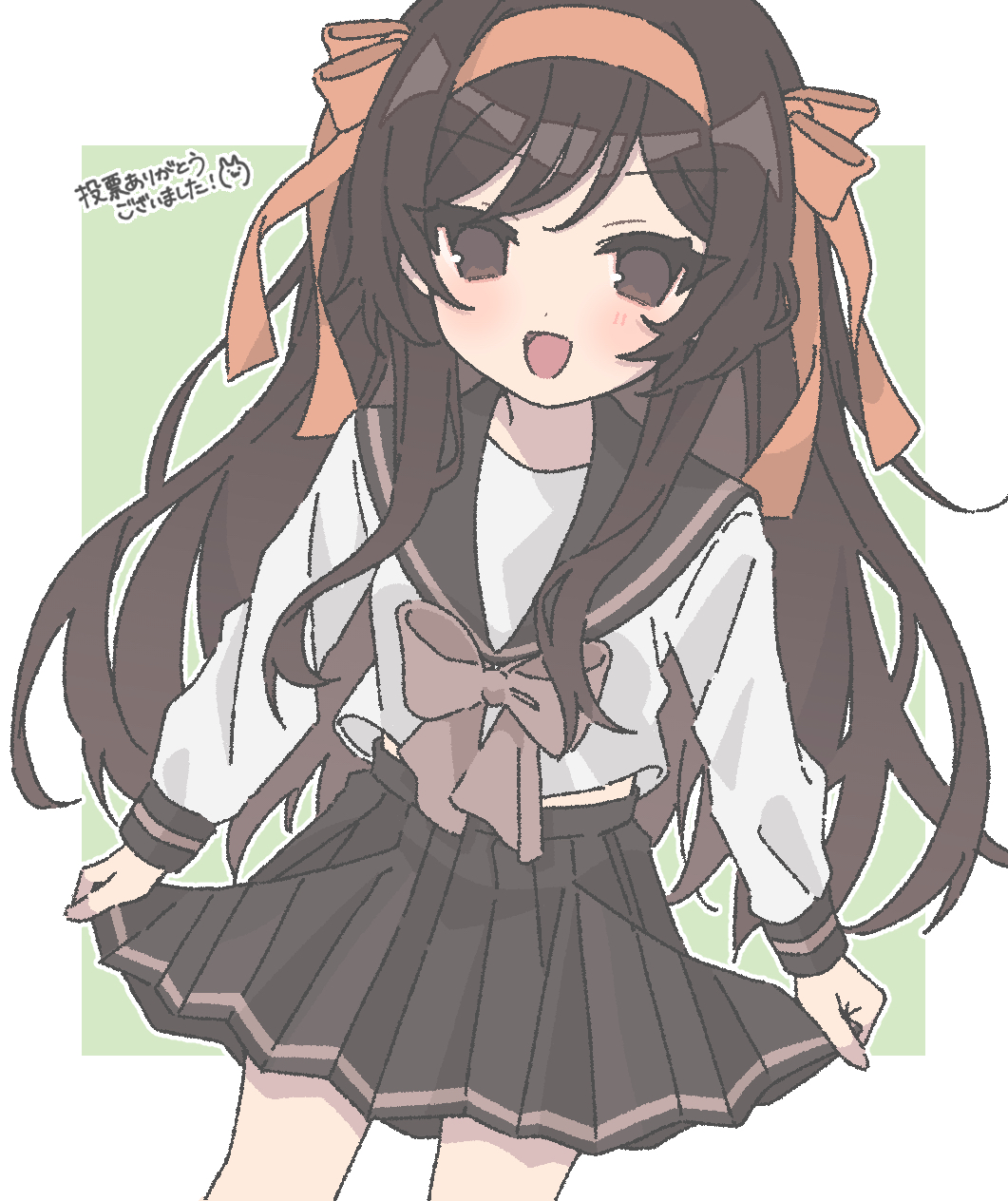 1girl :d alternate_costume black_sailor_collar black_skirt bow brown_bow brown_eyes brown_hair commentary_request hair_ribbon hairband highres kouyouen_academy_school_uniform long_hair long_sleeves looking_at_viewer midriff_peek nanonome official_alternate_hairstyle open_mouth ribbon sailor_collar school_uniform serafuku shirt skirt smile solo standing suzumiya_haruhi suzumiya_haruhi_no_shoushitsu suzumiya_haruhi_no_yuuutsu translation_request white_shirt winter_uniform yellow_hairband yellow_ribbon