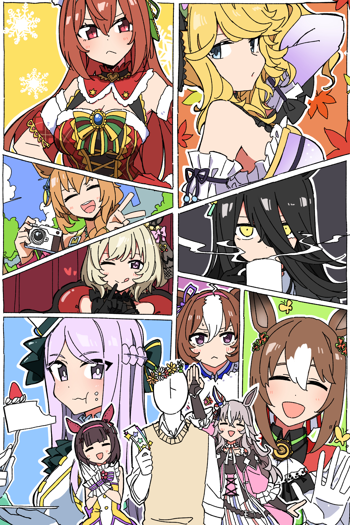1boy 6+girls ;p ^_^ animal_ears autumn_leaves closed_eyes cup curren_chan_(sakutsuki_ma_cherie)_(umamusume) curren_chan_(umamusume) daiwa_scarlet_(scarlet_nuit_etoile)_(umamusume) daiwa_scarlet_(umamusume) dress durindana_7 gold_city_(akizakura_danzatrice)_(umamusume) gold_city_(umamusume) gradient_clothes gradient_dress highres holding holding_ticket horse_ears horse_girl leaf mejiro_mcqueen_(end_of_sky)_(umamusume) mejiro_mcqueen_(umamusume) mug multicolored_hair multiple_girls one_eye_closed t-head_trainer_(umamusume) taiki_shuttle_(bubblegum_memories)_(umamusume) taiki_shuttle_(umamusume) the_promised_time:_silks_&_three_riddles_(umamusume) ticket tongue tongue_out trainer_(umamusume) umamusume