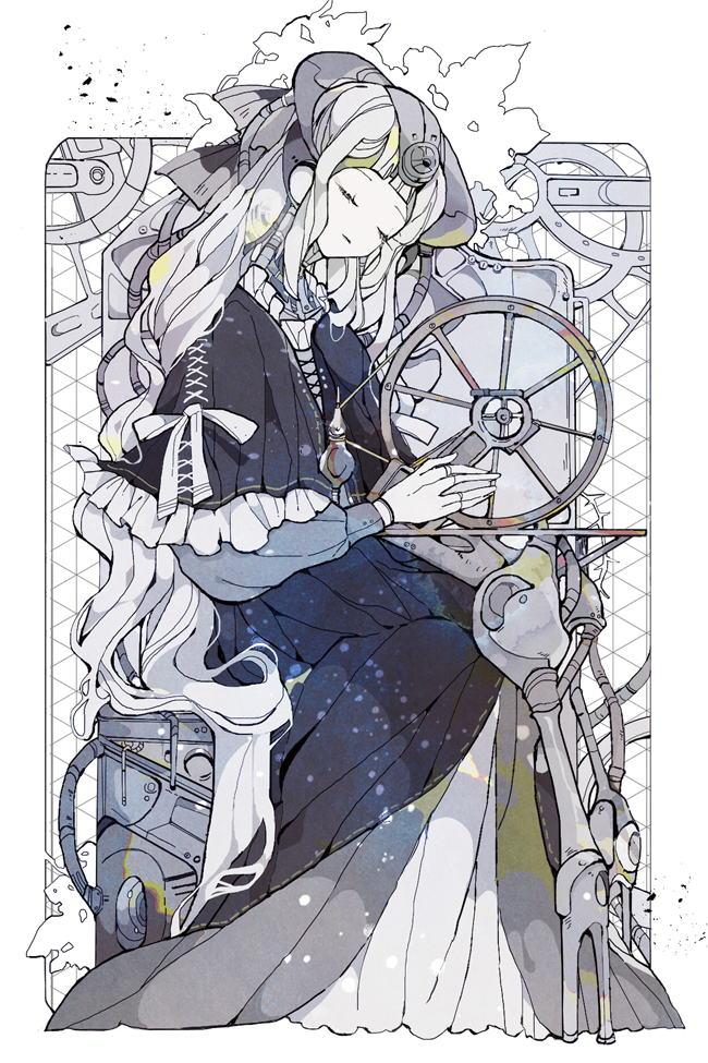 1girl android black_capelet black_dress blue_sleeves blunt_bangs bow capelet closed_eyes closed_mouth commentary cross-laced_clothes dress english_commentary expressionless eyelashes frilled_capelet frills full_body grey_headwear hair_flowing_over head_tilt long_dress long_hair long_sleeves machinery original pale_skin peekamine puffy_long_sleeves puffy_sleeves sitting solo spinning_wheel unworn_headwear very_long_hair white_background white_bow white_hair
