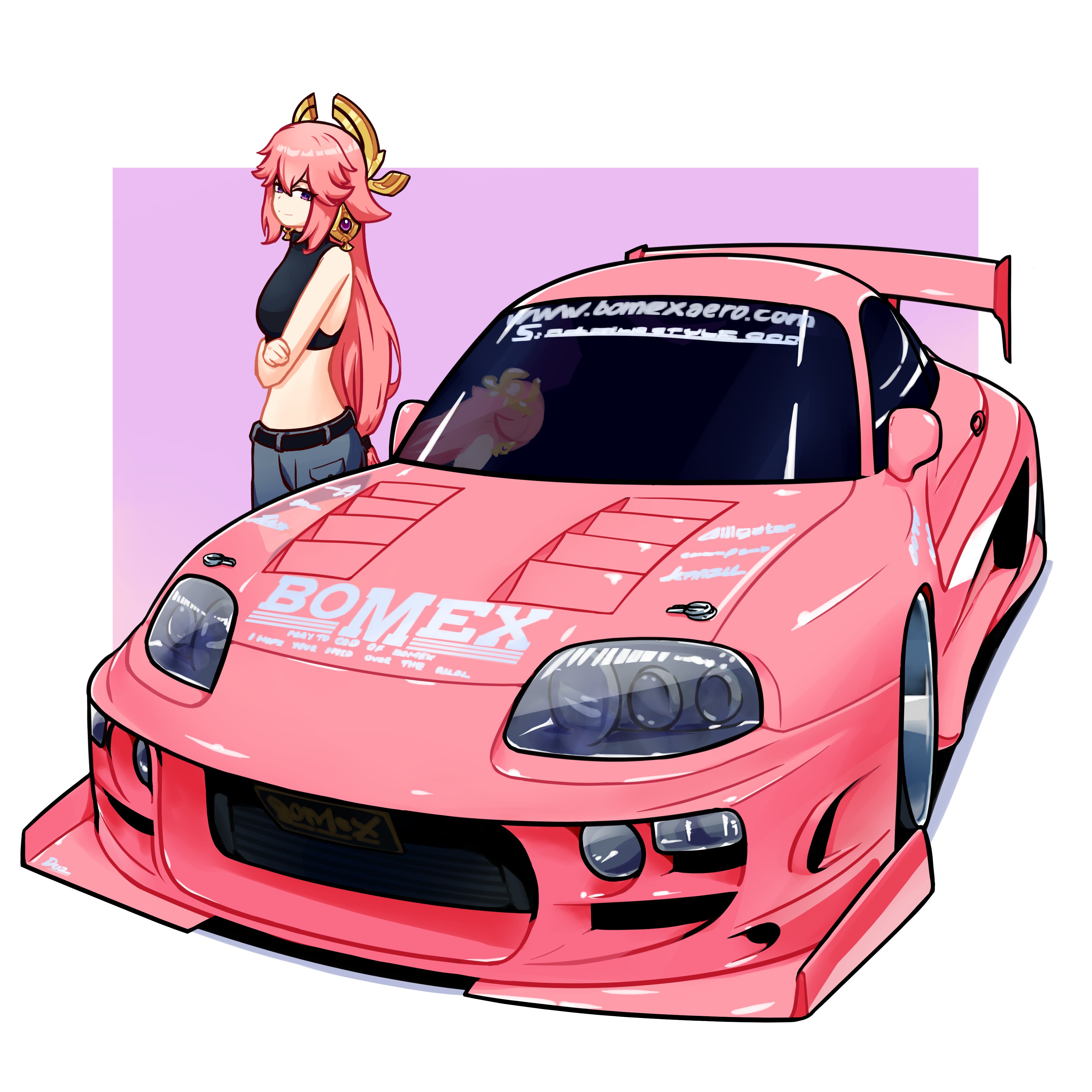 1girl absurdres animal_ears belt black_belt black_shirt breasts car commentary cropped_shirt duz earrings english_commentary fox_ears genshin_impact grey_pants highres jewelry long_hair looking_at_viewer medium_breasts midriff motor_vehicle pants pink_car pink_hair purple_eyes reflection shirt sleeveless sleeveless_shirt smile solo spoiler_(automobile) sports_car standing toyota toyota_supra toyota_supra_mk_iv vehicle_focus very_long_hair watermark web_address yae_miko