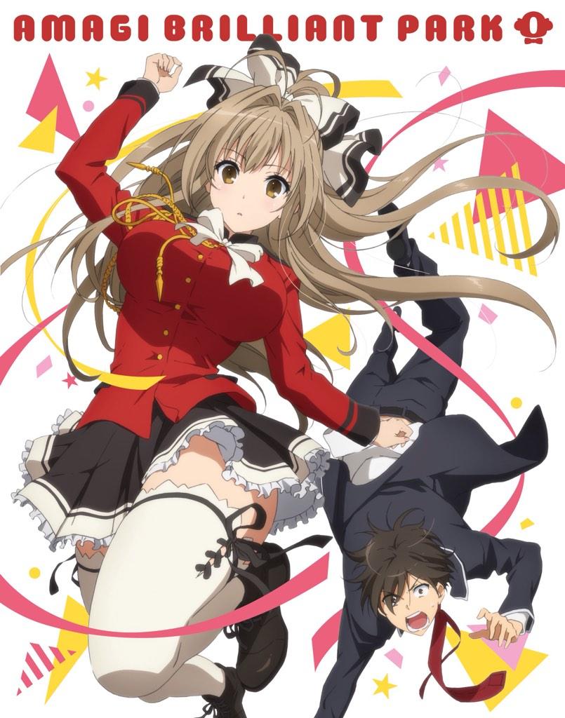 1boy 1girl aiguillette amagi_brilliant_park antenna_hair arm_up black_eyes black_footwear black_hair black_jacket black_pants black_skirt bow bowtie breasts brown_eyes brown_hair commentary_request copyright_name falling floating_hair hair_bow hair_intakes jacket kanie_seiya large_breasts long_hair long_sleeves looking_at_viewer military_uniform necktie official_art open_mouth panicking pants parted_lips red_jacket red_necktie sento_isuzu shirt short_hair skirt star_(symbol) teeth thighhighs triangle white_bow white_bowtie white_shirt white_thighhighs zettai_ryouiki