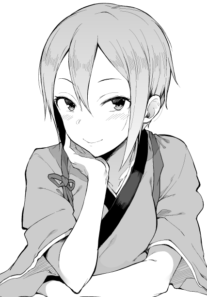 10s 1girl arm_support blush female_focus greyscale hair_between_eyes idolmaster idolmaster_cinderella_girls japanese_clothes kimono looking_at_viewer monochrome shiomi_syuko short_hair smile solo spirytus_tarou white_background