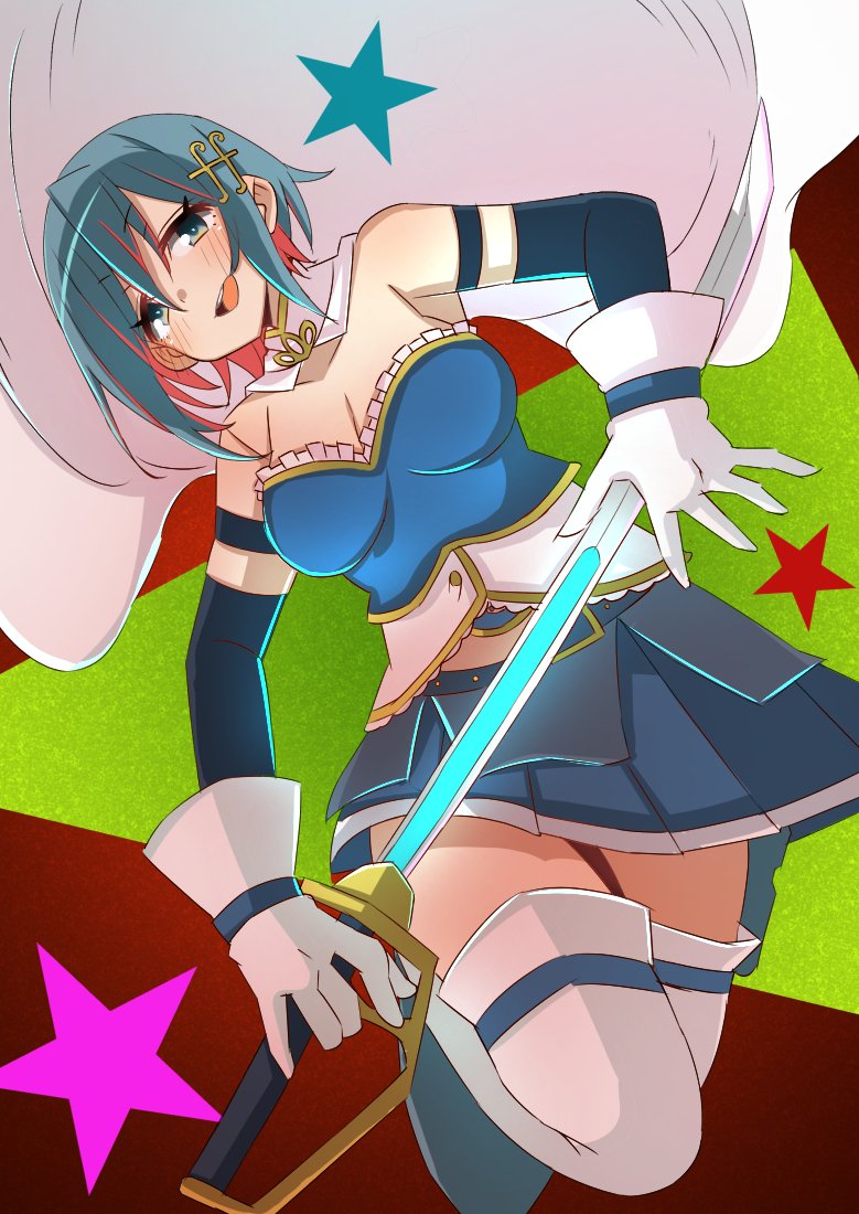 1girl aqua_eyes aqua_hair armpits bare_shoulders blue_skirt blue_sleeves blush breasts capelet cleavage commentary_request dutch_angle fortissimo frills gloves hair_ornament looking_at_viewer mahou_shoujo_madoka_magica medium_hair midriff_peek miki_sayaka miki_sayaka_(magical_girl) musical_note musical_note_hair_ornament pleated_skirt saber_(weapon) shirt skirt smile solo soul_gem star_(symbol) sword thighhighs thighs translation_request urei-hibino weapon white_capelet white_gloves white_shirt white_thighhighs zettai_ryouiki