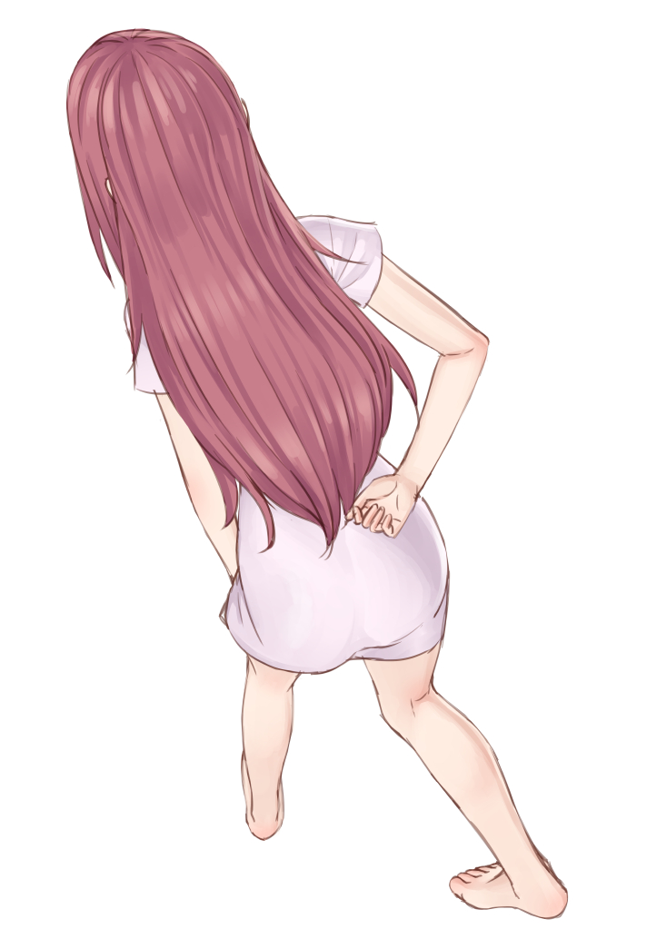 1girl amanchu! arm_behind_back barefoot commentary_request easy_(aqk7bdqt) female_focus from_behind full_body hair_down long_hair ninomiya_ai red_hair simple_background solo very_long_hair white_background