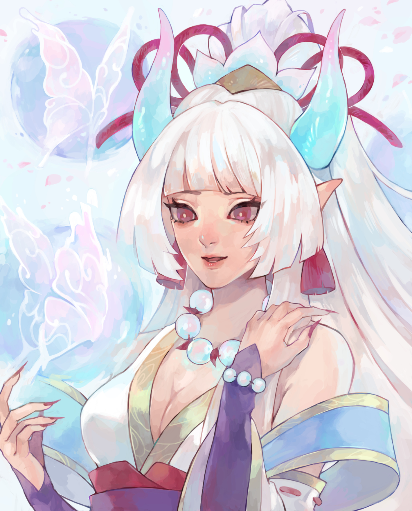 1girl breasts bug butterfly cleavage earrings fingernails flower green_horns hair_flower hair_ornament hair_ribbon hands_up highres horns insect jewelry large_breasts league_of_legends long_hair nail_polish open_mouth pointy_ears ponytail red_ribbon ribbon sharp_fingernails shibakawa_fugu_neko smile solo spirit_blossom_syndra syndra upper_body white_hair