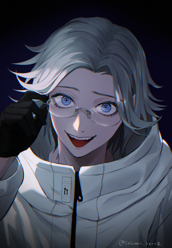 1boy adjusting_eyewear aotsuki_eito black_gloves blue_eyes glasses gloves grey_hair hood hood_down hooded_jacket jacket looking_at_viewer male_focus seiran_yoroz short_hair smile solo teeth the_hundred_line_-last_defense_academy- twitter_username upper_body upper_teeth_only white_jacket