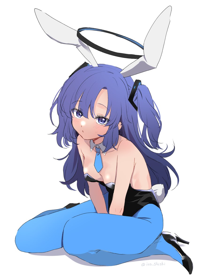 animal_ears artist_name between_legs black_leotard blue_archive blue_necktie blue_pantyhose fake_animal_ears halo hand_between_legs high_heels ica leotard necktie pantyhose playboy_bunny purple_hair rabbit_ears rabbit_tail simple_background sitting tail two_side_up wariza white_background wing_collar yuuka_(blue_archive)