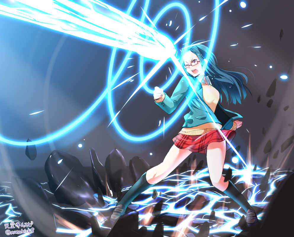 1girl beam blazer blue_hair blush breasts female_focus forehead glasses jacket kichihachi laser long_hair one_eye_closed open_mouth red_eyes school_uniform skirt solo sweater tendouji_musubi tokyo_7th_sisters twitter_username