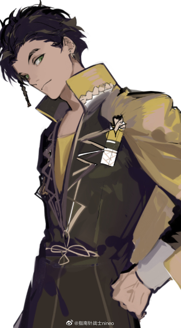 1boy black_pants claude_von_riegan dark_skin earrings fire_emblem fire_emblem:_three_houses garreg_mach_monastery_uniform green_eyes jewelry nineo nintendo pants solo white_background yellow_cloak