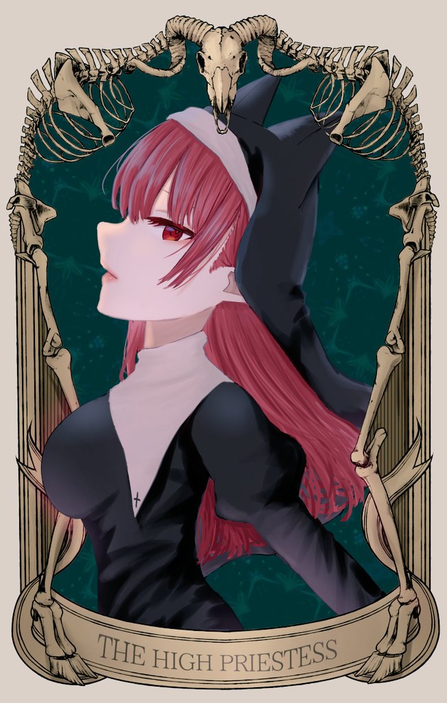 1girl alternate_costume alternate_hairstyle aoringo_orin commentary_request from_side habit juliet_sleeves kaenbyou_rin long_hair long_sleeves looking_at_viewer nun parted_lips puffy_sleeves red_eyes red_hair solo tarot the_high_priestess_(tarot) touhou upper_body