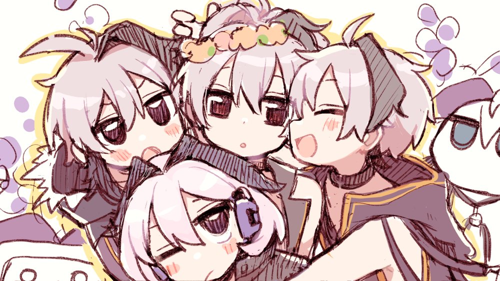 4girls :o ahoge androgynous black_hair blush cevio chibi chibi_only choker ci_flower closed_eyes flower_(gynoid_talk) flower_(vocaloid) flower_(vocaloid3) flower_(vocaloid4) gomahichi happy happy_birthday head_wreath high_ponytail hood hooded_jacket jacket long_hair mechanization multicolored_hair multiple_girls one_eye_closed ponytail purple_headphones robot short_hair short_hair_with_long_locks simple_background smile tomboy two-tone_hair vocaloid white_hair