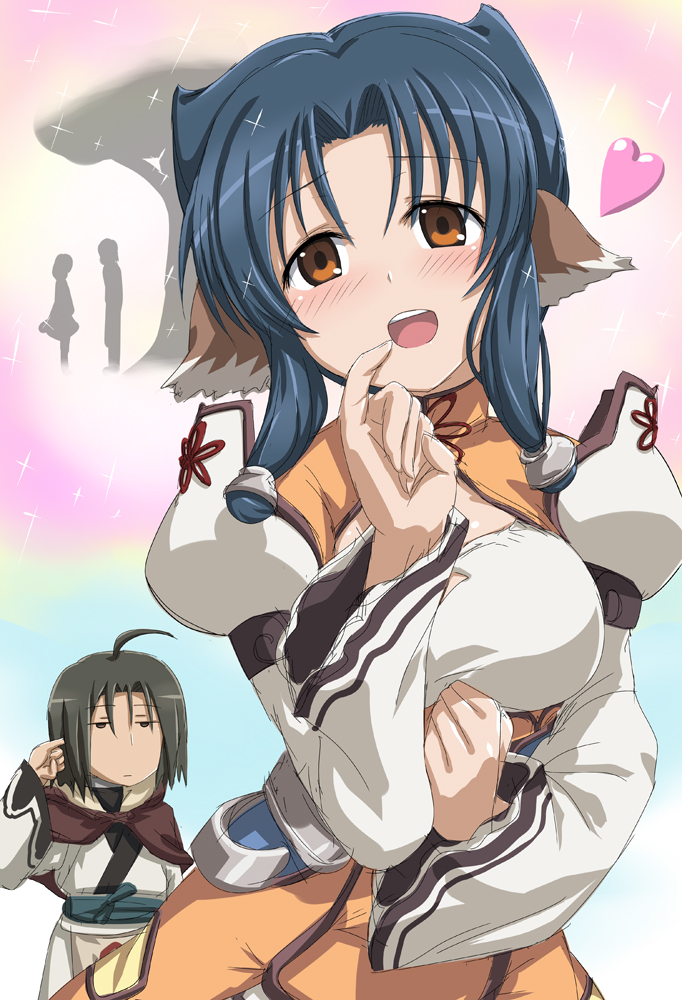 1boy 1girl ahoge ainu_clothes animal_ears aquaplus arms_up atuy blue_hair blush breasts brown_hair cleavage cleavage_cutout closed_mouth clothing_cutout finger_to_mouth haku_(utawarerumono) head_tilt heart hood hood_down large_breasts long_sleeves open_mouth orange_eyes parted_bangs puffy_sleeves raised_eyebrows shirosame short_hair_with_long_locks teeth tongue upper_body utawarerumono utawarerumono:_itsuwari_no_kamen wide_sleeves