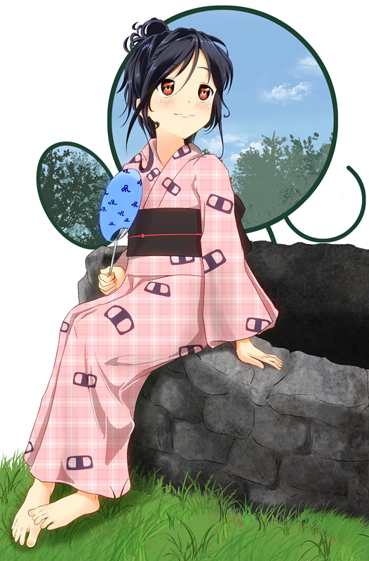 1girl azumawari_(azumofu) barefoot black_hair blush casual feet female_focus grass hair_bun japanese_clothes kimono looking_up on_rock original rock simple_background single_hair_bun sitting smile solo the_ring toes unmoving_pattern well yamamura_sadako