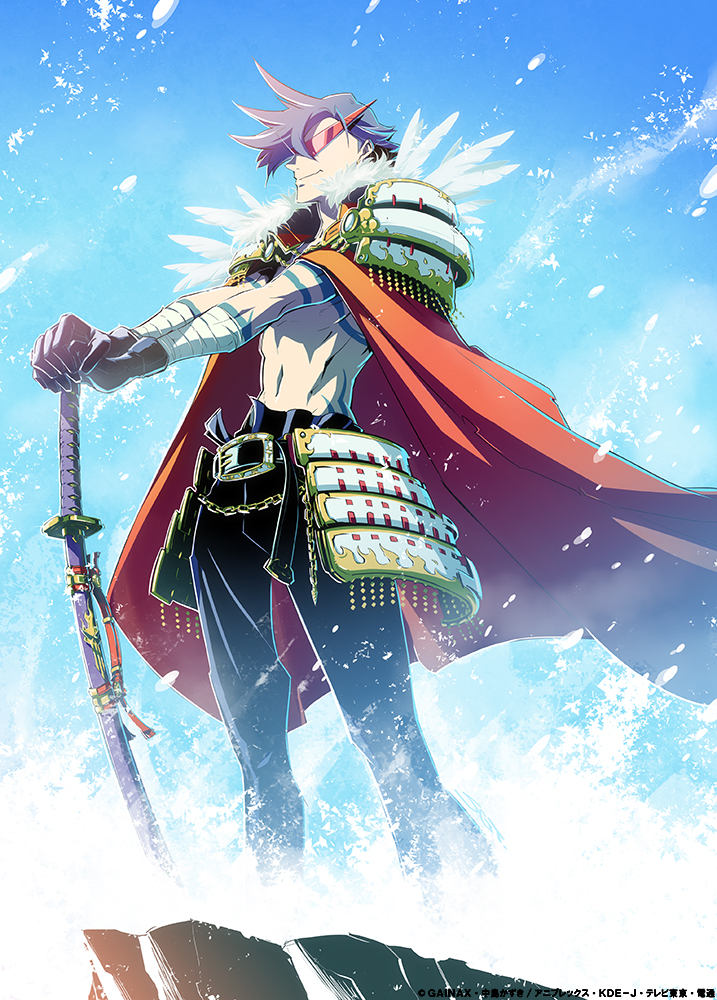 00s 1boy armor bandages blue_hair cape fabulous gainaxtop gloves kamina_(ttgl) kamina_shades koyama_shigeto male_focus manly official_art solo standing sword tattoo tengen_toppa_gurren_lagann triangular_eyewear weapon