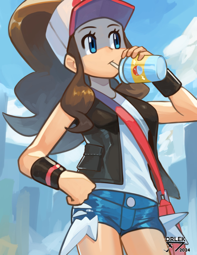 1girl bag baseball_cap black_vest blue_eyes breasts brown_hair building closed_mouth cloud cup denim denim_shorts drinking drinking_straw exposed_pocket eyelashes game_freak gen_1_pokemon hand_on_own_hip hat high_ponytail hilda_(pokemon) holding holding_cup long_hair looking_to_the_side nintendo open_clothes open_vest orlek poke_ball_print pokemon pokemon_bw ponytail shade shirt short_shorts shorts shoulder_bag sidelocks solo tank_top vest voltorb white_shirt white_tank_top wristband