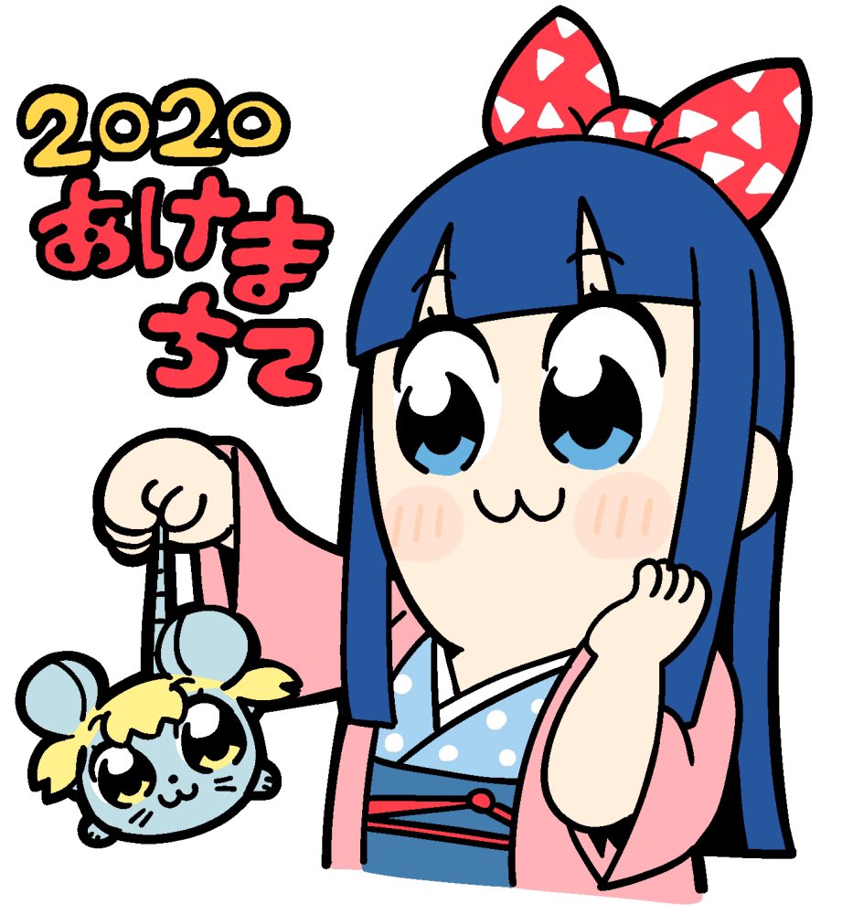 2020 2girls :3 animal animal_ears bkub blonde_hair blue_eyes blue_hair blue_kimono blunt_bangs blunt_ends blush_stickers bow chibi chibi_only closed_mouth commentary_request dark_blue_hair dot_nose hair_bow hand_on_own_face holding holding_animal jacket japanese_clothes kimono long_hair long_sleeves looking_at_another mouse_(animal) mouse_ears mouse_tail multiple_girls official_alternate_costume official_art open_clothes open_jacket pink_jacket pipimi polka_dot polka_dot_kimono poptepipic popuko red_bow short_hair simple_background tail translation_request whiskers white_background white_bow yellow_eyes