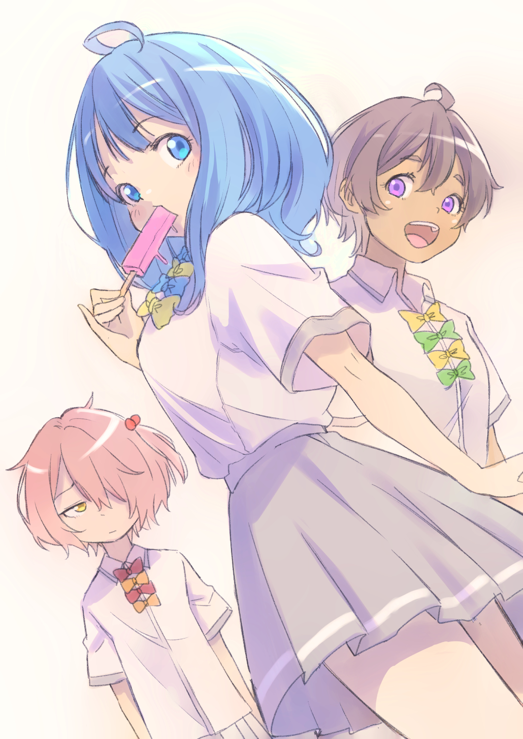 3girls :d blue_eyes blue_hair bow bowtie brown_hair commentary_request food hair_ornament happy highres ice_cream jj_(ssspulse) komari_chika looking_at_viewer make_heroine_ga_oo_sugiru! medium_hair multiple_girls open_mouth purple_eyes school_uniform shirt short_hair simple_background skirt smile standing yakishio_lemon yanami_anna yellow_eyes