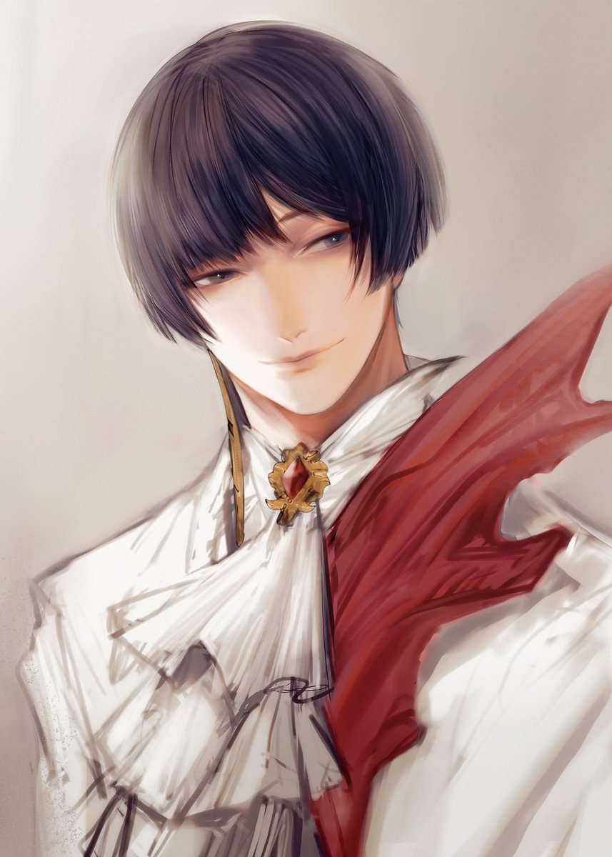 1boy asahi_sas_brutus ascot bad_id bad_twitter_id black_eyes black_hair blunt_ends bowl_cut brown_background chinese_commentary commentary_request final_fantasy final_fantasy_xiv highres hyur looking_to_the_side male_focus portrait shirt short_hair simple_background smile solo white_ascot white_shirt zhaoyang2002