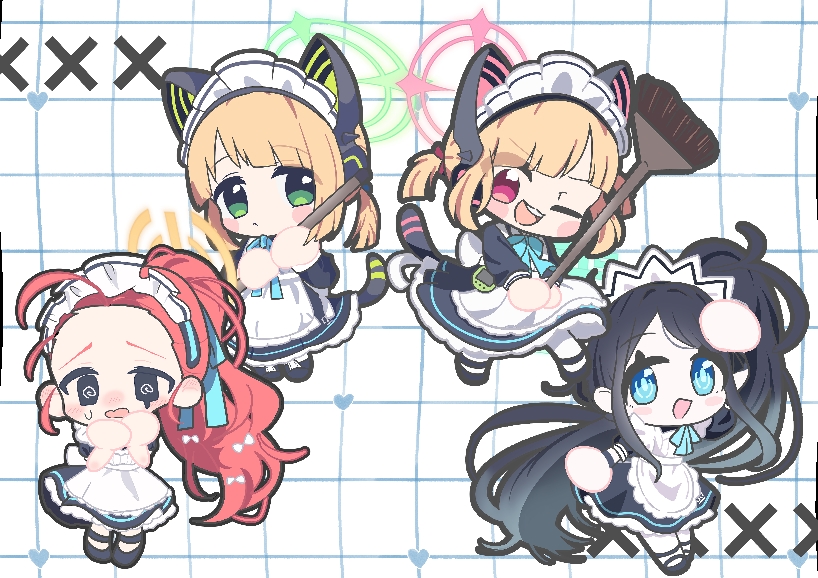 4girls ;d @_@ absurdly_long_hair ahoge animal_ear_headphones animal_ears apron aqua_bow aqua_bowtie aqua_eyes aqua_halo aqua_ribbon aris_(blue_archive) aris_(maid)_(blue_archive) arm_up back_bow ball_hands black_dress black_eyes black_hair black_outline black_shoes black_tail black_wrist_cuffs blonde_hair blue_archive blue_bow blunt_bangs blush_stickers bow bowtie bright_pupils broom cat_ear_headphones cat_ears cat_tail chibi chibi_only closed_mouth collared_dress commentary contrast_collar dress eyes_visible_through_hair fake_animal_ears fake_tail floating_hair forehead frilled_apron frilled_dress frills full_body furrowed_brow game_development_department_(blue_archive) gradient_hair green_eyes green_halo grid_background hair_bow hair_ribbon hairband halo hands_up headphones heart holding holding_broom jam-drawer long_hair long_sidelocks long_sleeves looking_at_viewer maid maid_apron maid_headdress mary_janes medium_hair midori_(blue_archive) midori_(maid)_(blue_archive) momoi_(blue_archive) momoi_(maid)_(blue_archive) multicolored_hair multiple_girls neck_ribbon nervous no_fingers official_alternate_costume official_alternate_hairstyle one_eye_closed open_mouth orange_hair outline own_hands_together pantyhose parted_bangs pink_eyes pink_halo ponytail power_symbol puffy_long_sleeves puffy_short_sleeves puffy_sleeves rectangular_halo red_bow ribbon shoes short_sleeves short_twintails siblings sidelocks simple_background sisters smile sweatdrop tail teeth twins twintails upper_teeth_only v-shaped_eyebrows very_long_hair virtual_pet_(toy) wavy_mouth white_apron white_background white_bow white_headdress white_pantyhose wrist_cuffs x yellow_halo yuzu_(blue_archive) yuzu_(maid)_(blue_archive)
