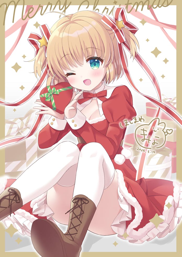 blonde_hair blue_eyes blush boots bow box brown_boots brown_hair dress gift hair_ornament hair_ribbon heart-shaped_box hoshimame_mana kamikita_komari little_busters! little_busters!_school_uniform merry_christmas open_mouth red_bow ribbon santa_costume santa_dress school_uniform short_hair skirt smile twintails