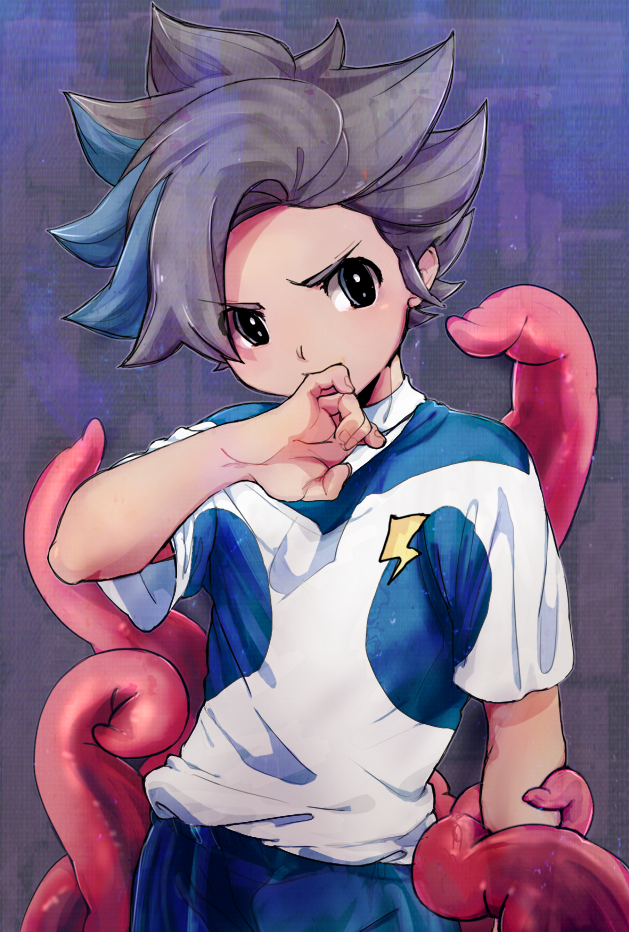 10s 1boy blue_hair brown_hair earth_eleven ieiieiiei inazuma_eleven_(series) inazuma_eleven_go inazuma_eleven_go_galaxy lightning_bolt_symbol male_focus matatagi_hayato multicolored_hair soccer_uniform solo sportswear tentacles two-tone_hair