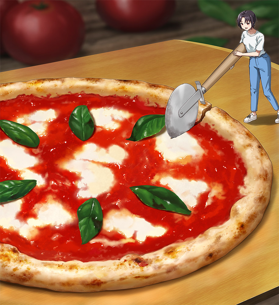 1girl :d commentary_request denim food food_focus hashi jeans leaf margherita_pizza mini_person minigirl open_mouth original oversized_object pants pizza pizza_cutter red_eyes shirt short_hair smile solo standing tomato white_shirt