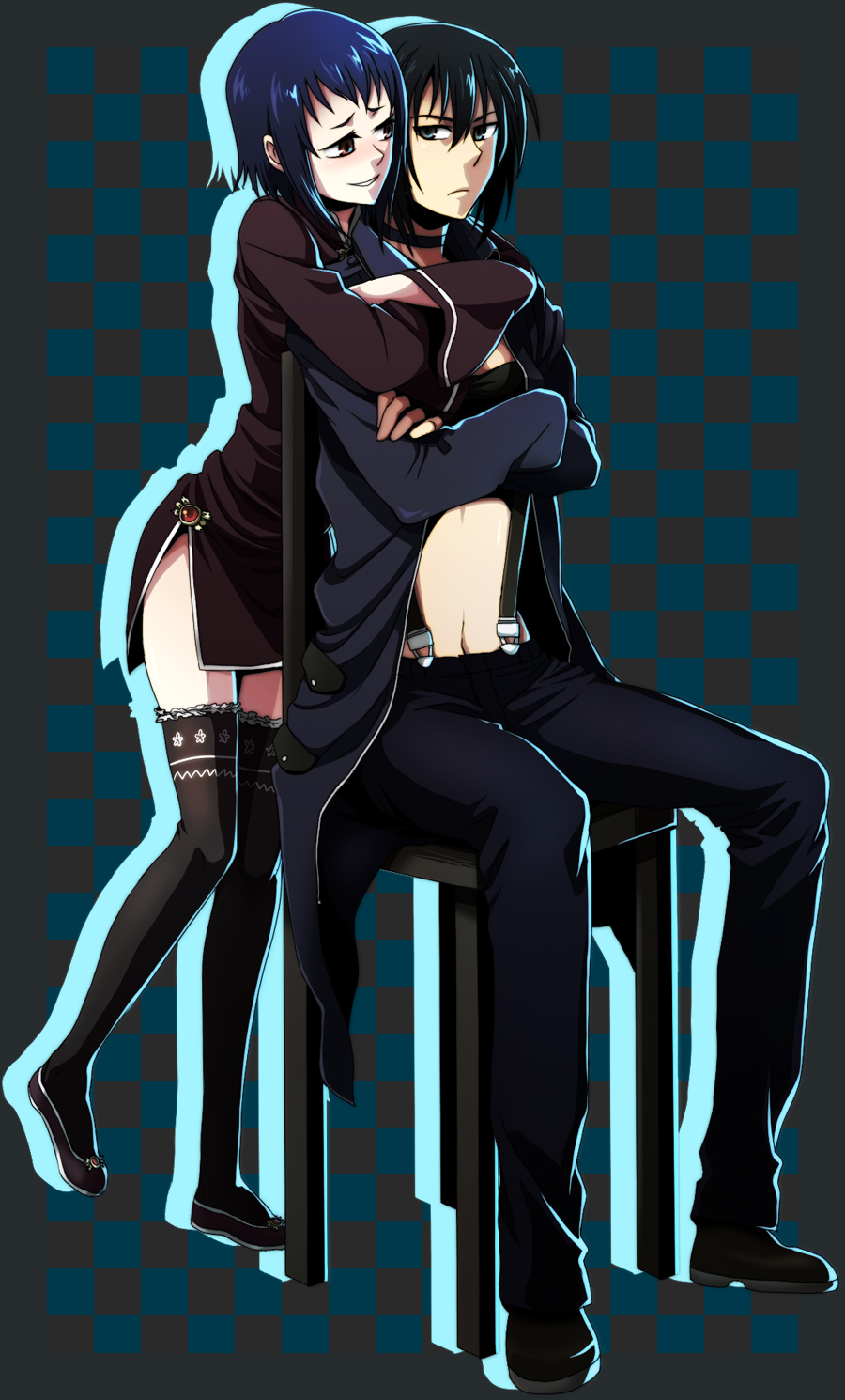 2girls 428 428:_fuusa_sareta_shibuya_de alphard_(canaan) bad_id bad_pixiv_id black_eyes black_hair blue_hair blush canaan_(series) chinese_clothes chunsoft highres hug hug_from_behind liang_qi midriff multiple_girls re_ghotion short_hair suspenders thighhighs yuri