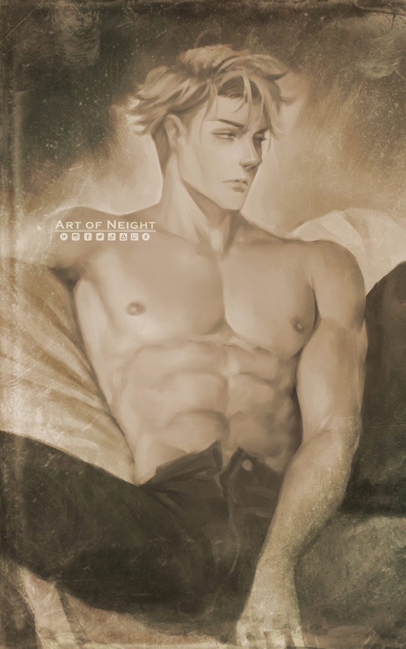 1boy abs art_of_neight artist_name commentary denim highres jeans jujutsu_kaisen lips looking_to_the_side male_focus muscular muscular_male nanami_kento open_fly pants pectorals short_hair sitting solo topless_male watermark