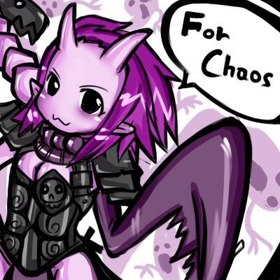 1girl animification armor black_eyes chaos chaos_(warhammer) claws colored_skin daemon_of_slaanesh daemonette horns looking_at_viewer lowres orange9714 pincers pointy_ears purple_hair purple_skin short_hair warhammer_40k