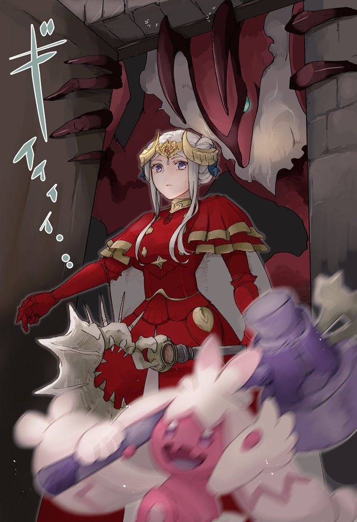 1girl aymr_(fire_emblem) cape double_bun dress edelgard_von_hresvelg edelgard_von_hresvelg_(timeskip) fake_horns fire_emblem fire_emblem:_three_houses gen_6_pokemon gloves hair_bun hammer horns legendary_pokemon nintendo pokemon pokemon_(creature) purple_eyes red_dress red_gloves robaco tinkaton white_hair yveltal
