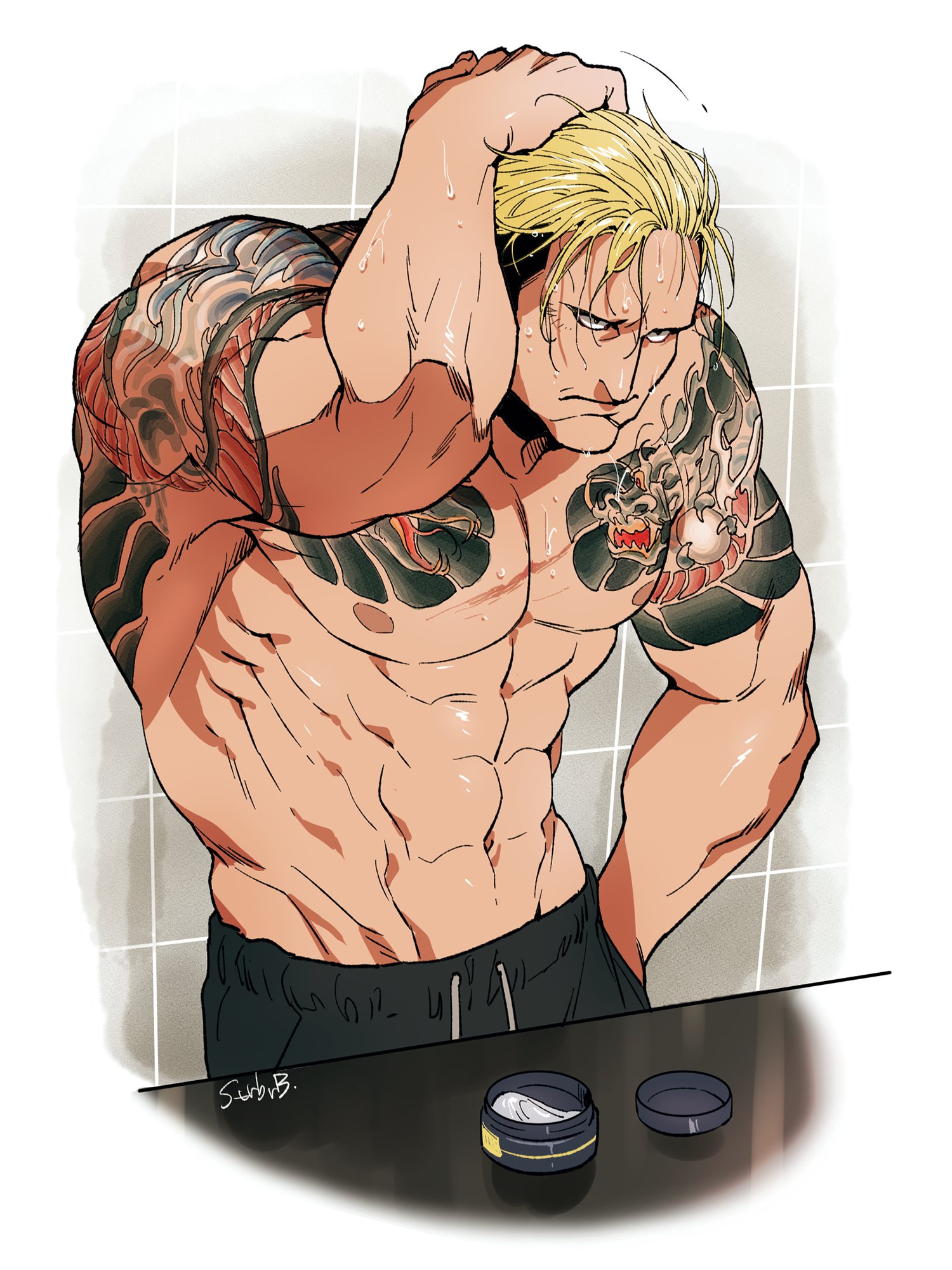 1boy abs arm_up back_tattoo bara biceps black_pants blonde_hair border chest_tattoo commentary container counter cowboy_shot drawstring gel groin hair_slicked_back hand_in_own_hair hand_in_pocket highres in_container korean_commentary male_focus multicolored_hair muscular muscular_male nipples pants pectorals shiny_skin signature solo strbrb789 tattoo the_king_of_fighters tile_wall tiles topless_male two-tone_hair white_border yamazaki_ryuuji