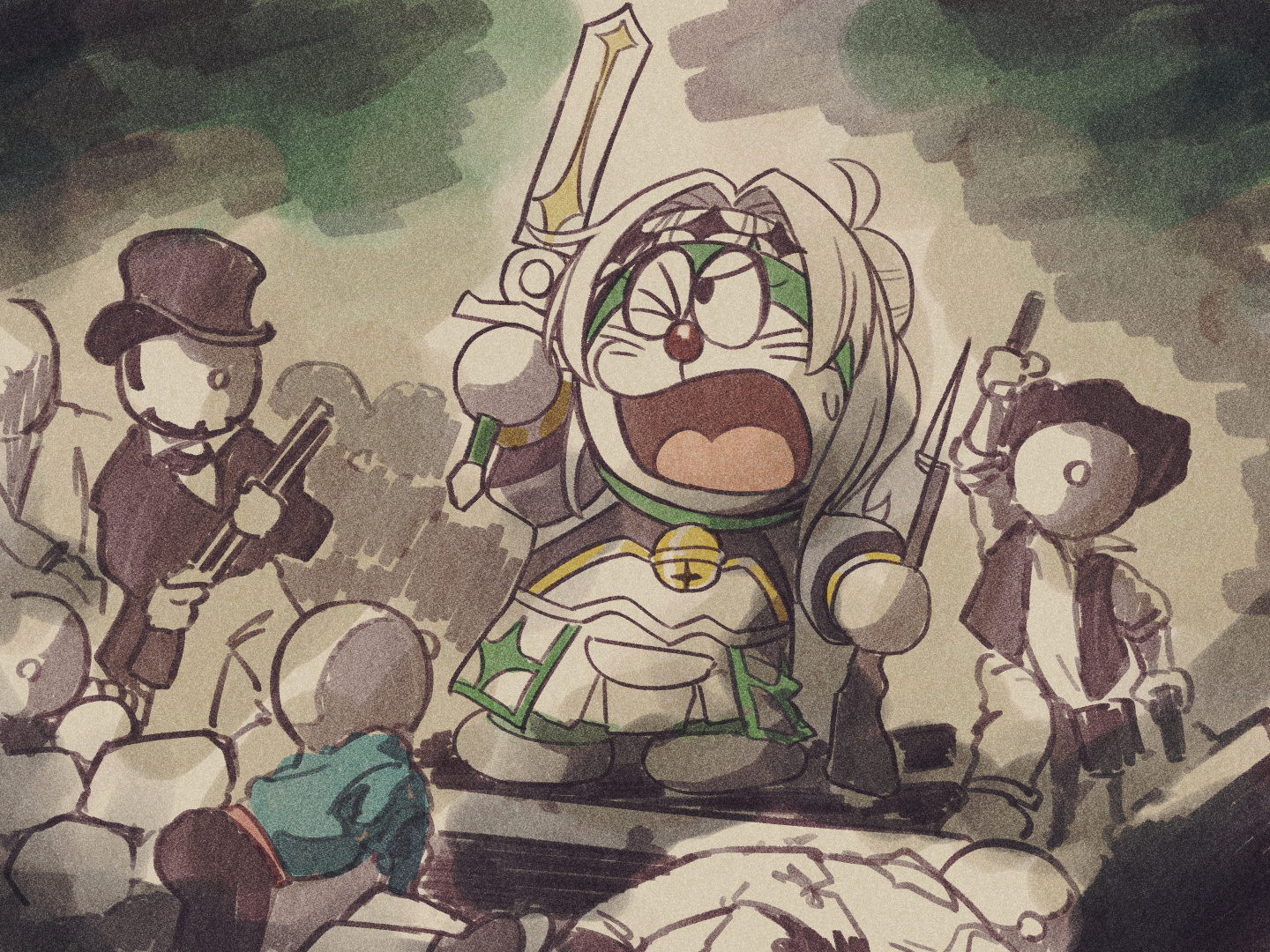 6+others ahoge bayonet bell byackopath_(artist) coeiroink commentary_request cosplay croix-chan croix-chan_(cosplay) doraemon doraemon_(character) fine_art_parody full_body gun holding holding_sword holding_weapon jingle_bell liberty_leading_the_people multiple_others musket one_eye_closed open_mouth parody standing sword weapon white_hair