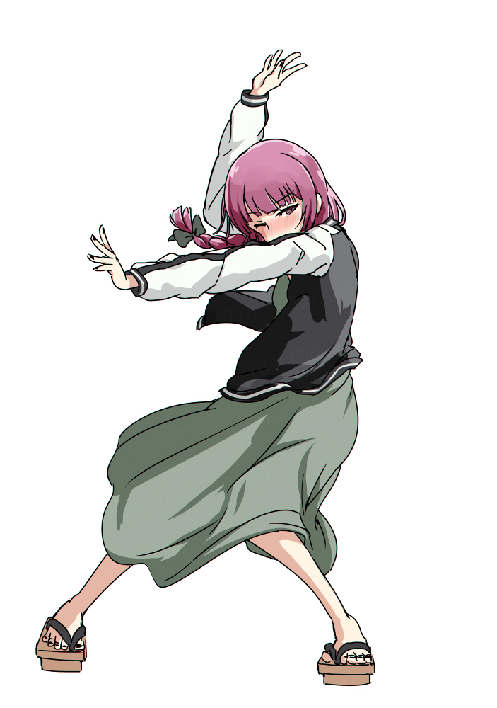 1girl arima_miyako bajiquan_(martial_arts) black_bow black_jacket black_nails bocchi_the_rock! bow braid dress fighting_game geta green_dress hair_over_shoulder hiroi_kikuri jacket melty_blood multicolored_jacket purple_hair simple_background single_braid solo tetsuzankou torako_(toramaru) tsukihime two-tone_jacket white_background white_jacket