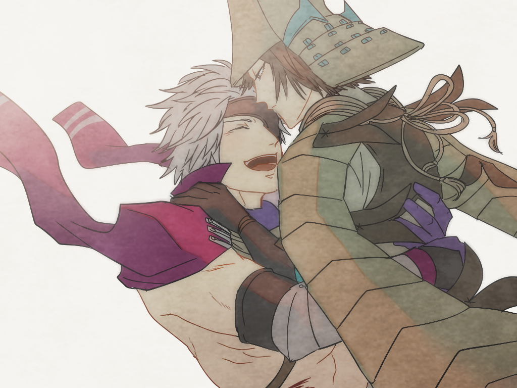 2boys :d ^_^ aki_(pixiv_4376560) armor brown_eyes brown_gloves brown_hair chousokabe_motochika_(sengoku_basara) closed_eyes frown gloves grey_hair hands_on_another&#039;s_shoulders helmet hug jacket jacket_on_shoulders japanese_armor kabuto_(helmet) looking_at_another male_focus mouri_motonari_(sengoku_basara) multiple_boys no_shirt open_mouth purple_gloves purple_jacket sengoku_basara short_hair simple_background smile teeth upper_teeth_only white_background yaoi