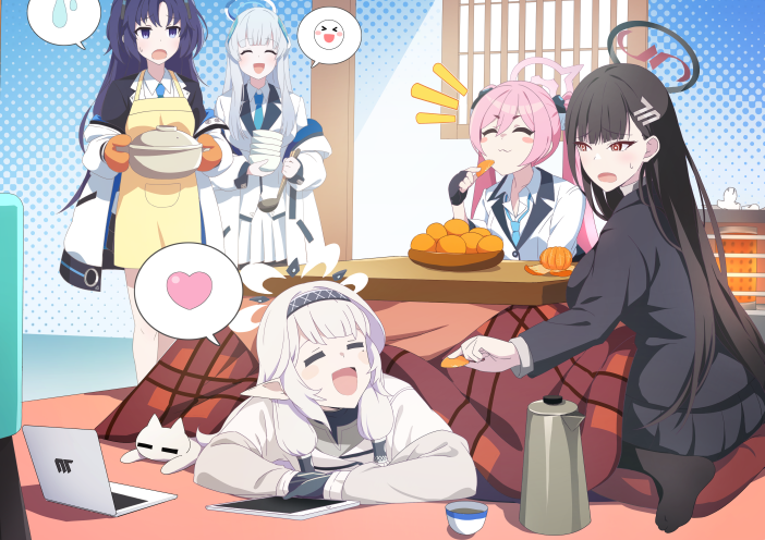 &gt;_&lt; 5girls :d ^_^ apron architecture black_gloves black_hair black_pantyhose black_skirt blazer blue_archive blue_necktie blunt_bangs blush_stickers carrying closed_eyes collared_shirt commentary_request computer east_asian_architecture feeding fingerless_gloves food fruit gesugesu_ahoaho gloves hair_between_eyes hair_ornament hairband hairclip halo headgear heart heater himari_(blue_archive) hotpot indoors jacket kotatsu koyuki_(blue_archive) laptop long_hair long_sleeves looking_at_another mandarin_orange mittens mole mole_under_eye multiple_girls necktie noa_(blue_archive) open_mouth orange_mittens pantyhose parted_bangs pink_hair pleated_skirt pointy_ears purple_eyes purple_hair red_eyes rio_(blue_archive) roasted_marshmallow school_uniform seminar_(blue_archive) shirt sidelocks skirt smile spoken_expression spoken_heart spoken_sweatdrop stuffed_animal stuffed_cat stuffed_toy sweatdrop table twintails two_side_up under_kotatsu under_table white_hair white_shirt white_skirt xd yellow_apron yuuka_(blue_archive)