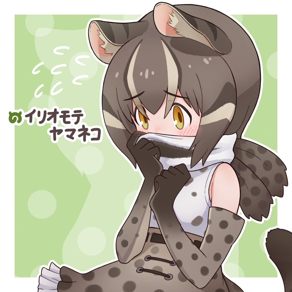 1girl animal_ears animal_print bare_shoulders blush brown_gloves brown_hair brown_skirt cat_ears cat_girl cat_print cat_tail commentary_request covering_own_mouth da_(bobafett) ears_down elbow_gloves embarrassed flying_sweatdrops frilled_skirt frills gloves green_eyes high-waist_skirt iriomote_cat_(kemono_friends) kemono_friends multicolored_hair print_shirt print_skirt scarf shirt short_hair sidelocks skirt solo tail translation_request upper_body white_scarf white_shirt