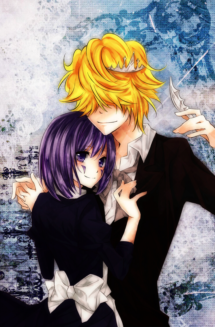 1boy 1girl bad_id bad_pixiv_id belphegor_(reborn) blonde_hair formal_clothes hair_over_eyes katekyo_hitman_reborn! maid mammon_(reborn) smile suit tiara zhihua