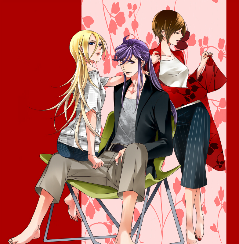 1boy 2girls barefoot belt blonde_hair blue_eyes brown_hair chair closed_eyes crossed_legs folding_chair full_body hand_on_another&#039;s_shoulder jacket kamui_gakupo lily_(vocaloid) long_hair looking_back meiko_(vocaloid) multiple_girls nail_polish on_chair pants pencil_skirt pinstripe_pattern pinstripe_skirt ponytail purple_eyes purple_hair short_hair short_sleeves sitting sitting_on_person skirt smile striped toenail_polish toenails toyu very_long_hair vocaloid