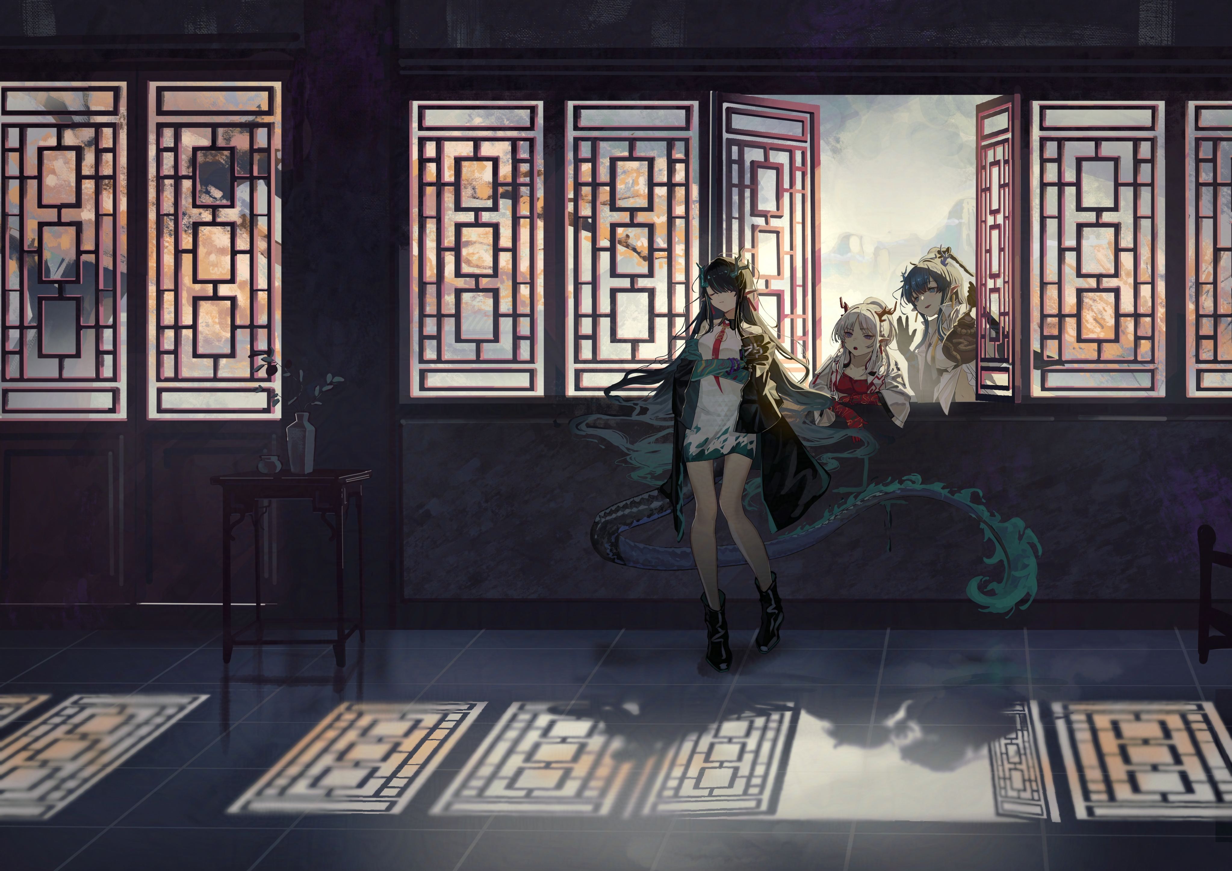 3girls absurdres architecture arknights black_hair black_shoes blue_eyes blue_hair blue_sky closed_eyes cloud colored_extremities colored_inner_hair colored_skin commentary day dragon_girl dragon_horns dragon_tail dusk_(arknights) east_asian_architecture frown gourd green_hair green_skin hair_over_one_eye highres holding holding_gourd horns indoors jacket lattice ling_(arknights) long_shirt looking_at_another mountainous_horizon multicolored_hair multiple_girls natsuba002 necktie nian_(arknights) outdoors plant pointy_ears ponytail potted_plant purple_eyes red_necktie red_shirt red_skin shirt shoes siblings sisters sky sunlight table tail tree waving white_hair white_jacket white_shirt window