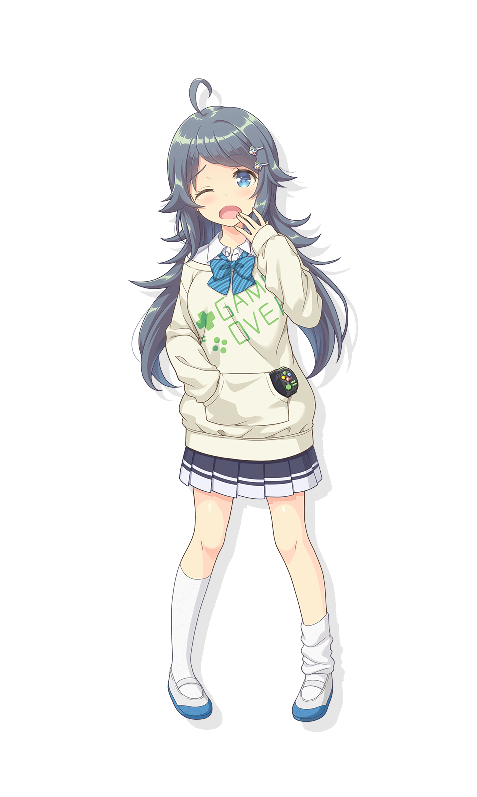1girl ahoge asymmetrical_legwear black_skirt blue_eyes blue_shoes breasts collared_shirt dress_shirt full_body grey_hair hand_in_pocket handheld_game_console highres hood hoodie inohara_koboshi large_breasts long_hair long_sleeves looking_at_viewer medium_skirt messy_hair object_in_pocket official_art ongeki playstation_portable pleated_skirt pocket school_uniform shirt shoes simple_background single_loose_sock skirt socks solo tachi-e transparent_background uneven_legwear uwabaki white_shirt white_socks