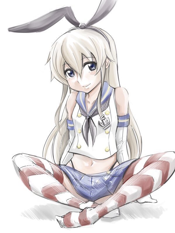 1girl anchor_hair_ornament black_hairband black_neckerchief black_panties blonde_hair blue_sailor_collar blue_skirt crop_top elbow_gloves female_focus full_body gloves grey_eyes hair_ornament hairband highleg highleg_panties indian_style inoue_kousei kantai_collection long_hair looking_at_viewer microskirt miniskirt neckerchief panties sailor_collar shimakaze_(kancolle) sitting skirt sleeveless smile solo striped_clothes striped_thighhighs thighhighs underwear white_background white_gloves