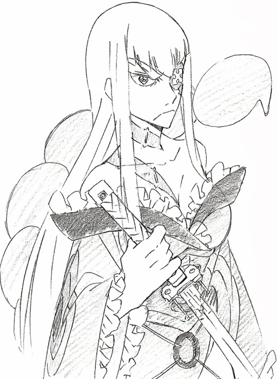 1girl adiane adiane_(cosplay) breasts cleavage cosplay creator_connection eyebrows eyepatch female_focus greyscale kill_la_kill kiryuuin_satsuki long_hair medium_breasts monochrome official_art saitou_kengo solo sword tattoo tengen_toppa_gurren_lagann thick_eyebrows traditional_media weapon wide_sleeves