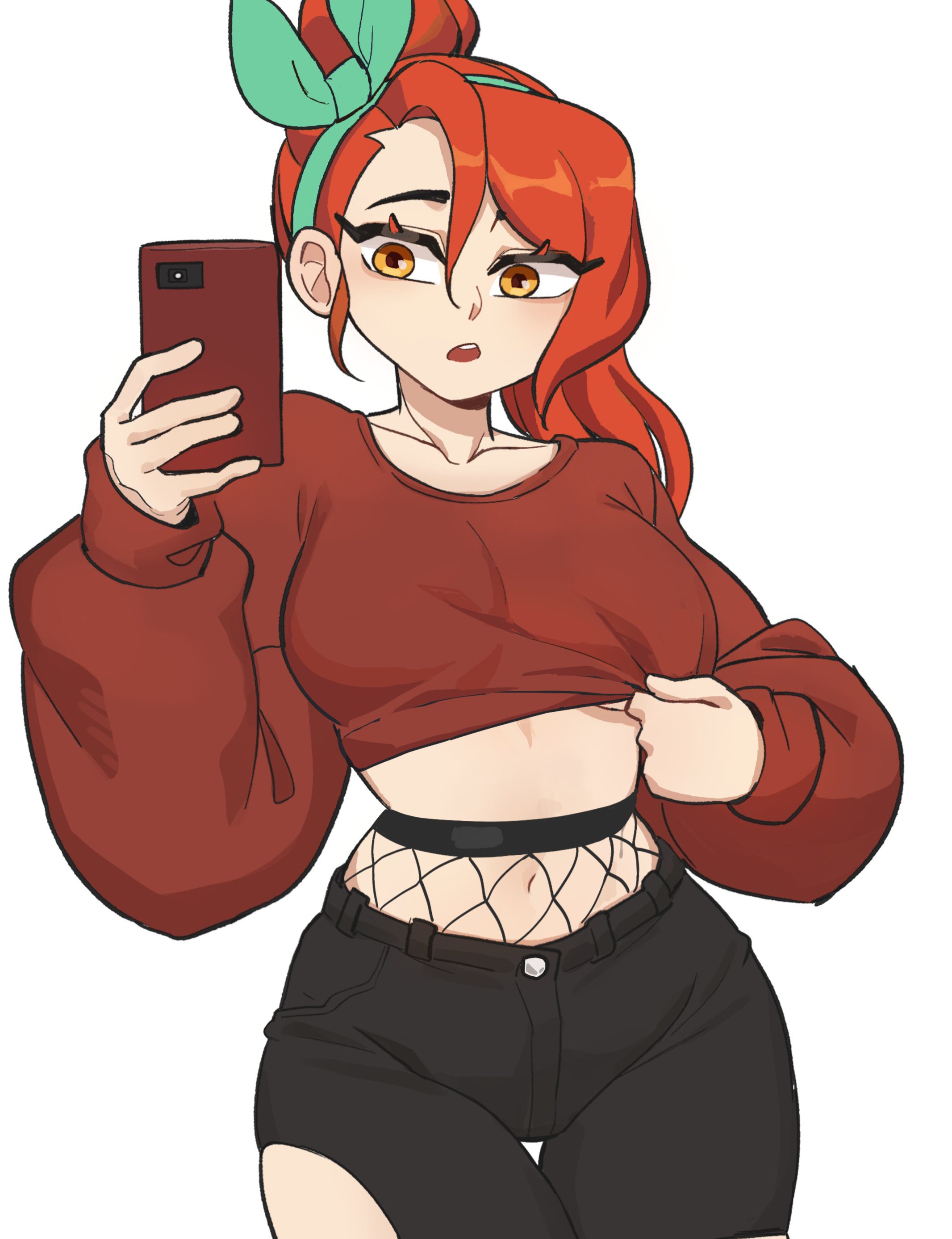 1girl absurdres adjusting_clothes black_pants breasts cellphone collarbone commentary cowboy_shot crop_top cropped_shirt english_commentary fishnets green_hairband hairband highres holding holding_phone hyyun_ho june_(hyyun_ho) large_breasts long_hair long_sleeves midriff navel orange_eyes orange_hair original pants phone red_shirt selfie shirt simple_background smartphone solo standing torn_clothes torn_pants underboob white_background