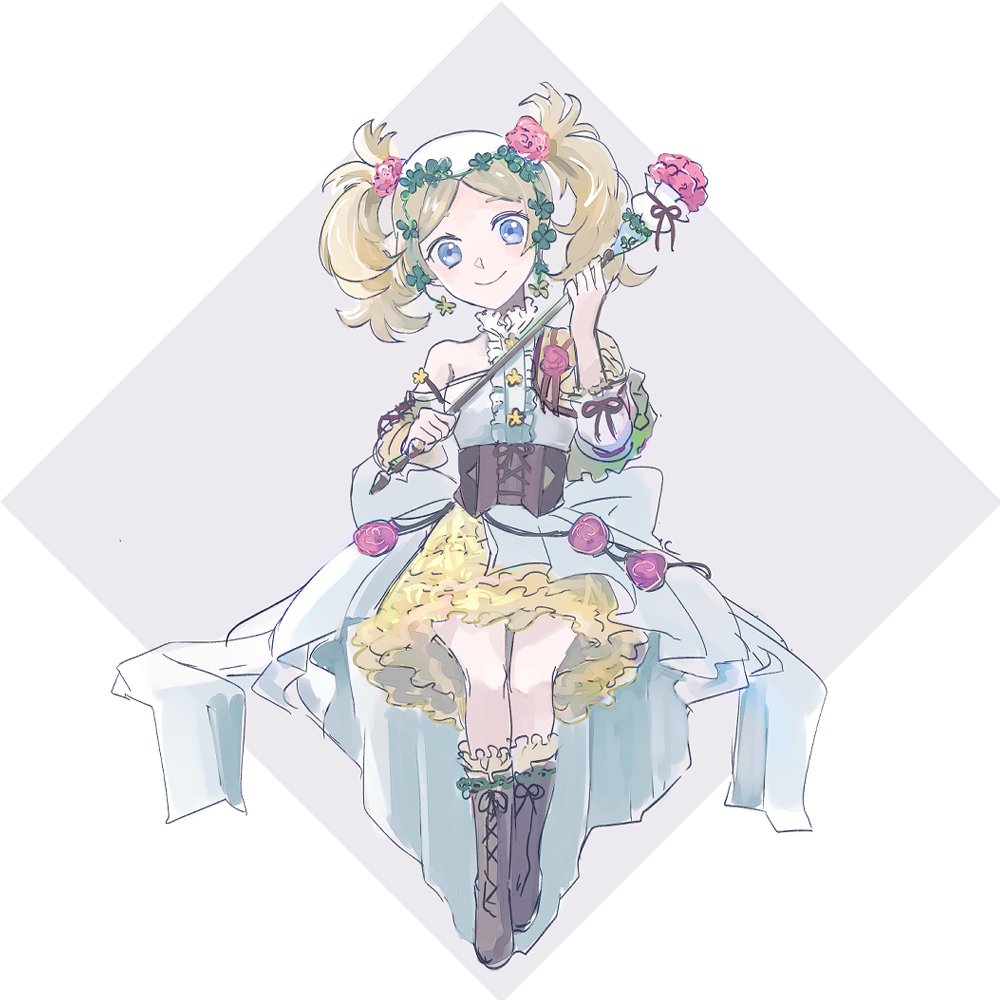 1girl blonde_hair blue_eyes boots brown_boots donkuma_kakusei dress fire_emblem fire_emblem_awakening fire_emblem_heroes flower hair_flower hair_ornament holding lissa_(fire_emblem) lissa_(valentine)_(fire_emblem) looking_at_viewer nintendo official_alternate_costume parted_bangs simple_background smile solo twintails