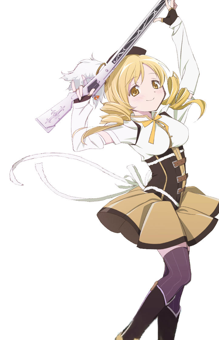 beret corset drill_hair gun hat magical_girl magical_musket mahou_shoujo_madoka_magica striped_clothes striped_thighhighs thighhighs third-party_edit third-party_extraction tomoe_mami tomoe_mami_(magical_girl) twin_drills vertical-striped_clothes vertical-striped_thighhighs weapon